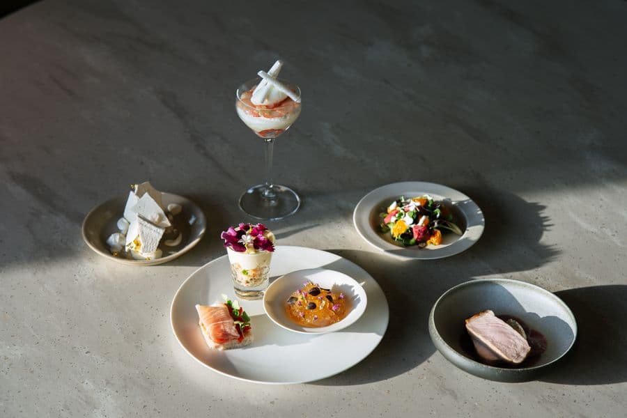Several elegant plated gourmet dishes arranged on a table