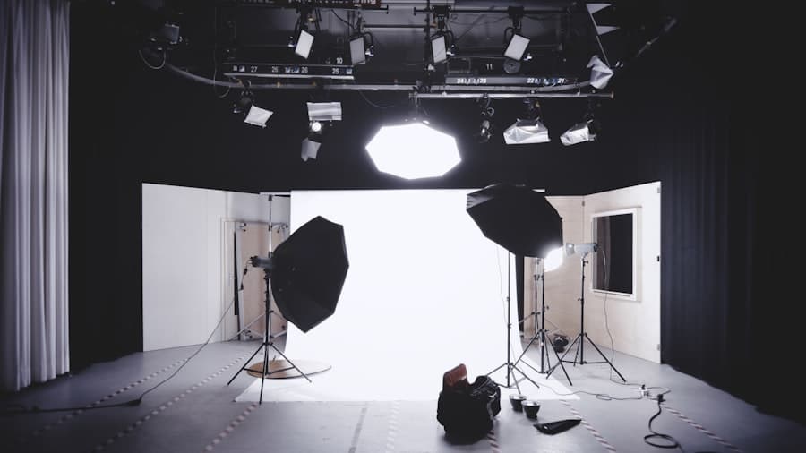 An empty studio lighting rig with softboxes aimed at a white backdrop