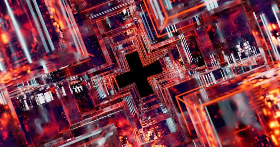 A vibrant 3D-rendered abstract geometric scene