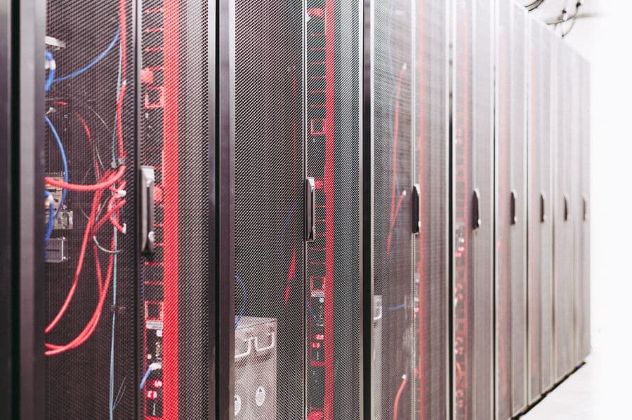 A modern server room with network racks for render farm computing